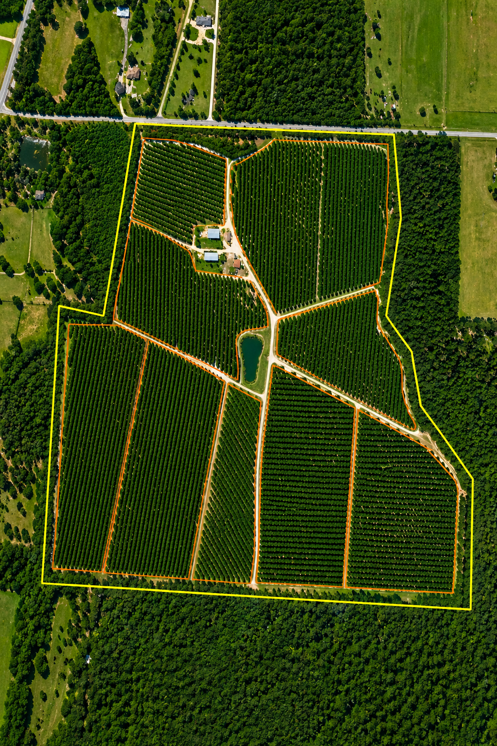 Satellite view of farmland with a property outline